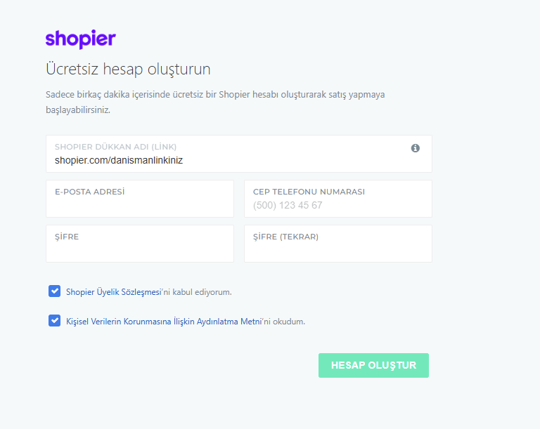Shopier Üyelik